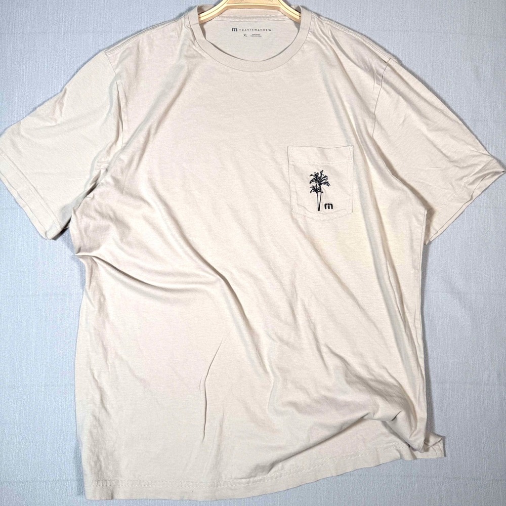 Travis Mathew Mens XL Tan Palm Tree Pocket Graphic T-Shirt Short Sleeve Tee - Picture 2 of 4